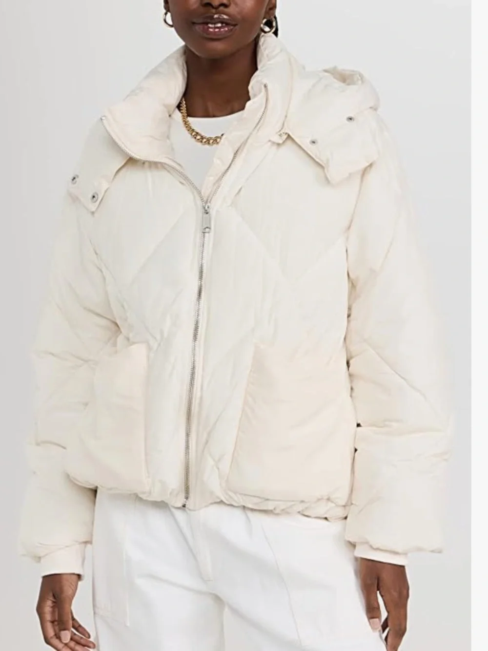 Free people Cream Quilted Hooded Puffer Jacket
